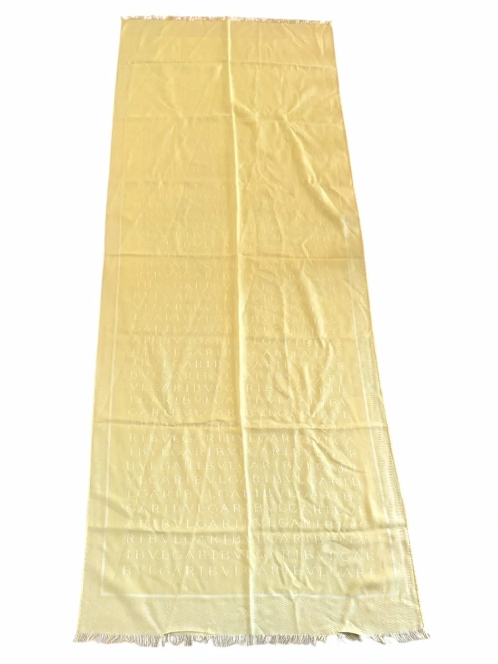 BVLGARI Logomania Silk Wool Maxi Stole Scarf Pale Yellow Buttercream Italy 71x28